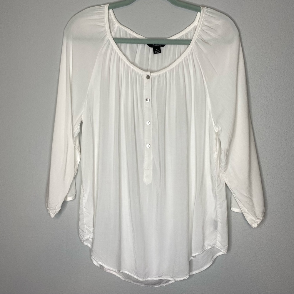 Intro Rayon Roll Tab Sleeve Scoop Neck Button Down White Flowy Top Womens Sz M*
